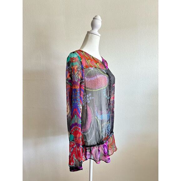 Desigual Sheer Multi Color Floral Print Long Sleeve Tunic Blouse Top Y2K Size M - Picture 3 of 9